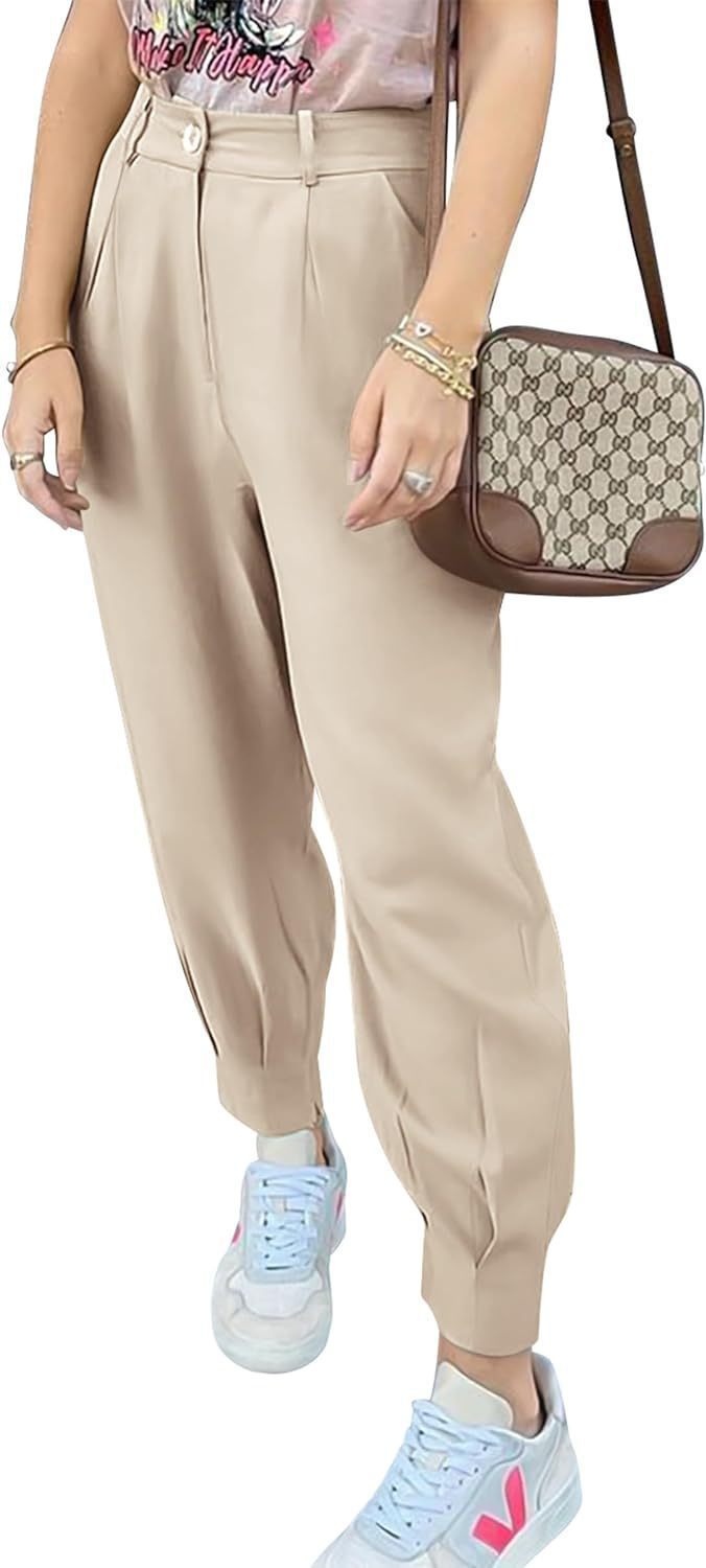 Damen elegante und modische High-Waist Hose mit Falten und seitlichen Taschen Drune
