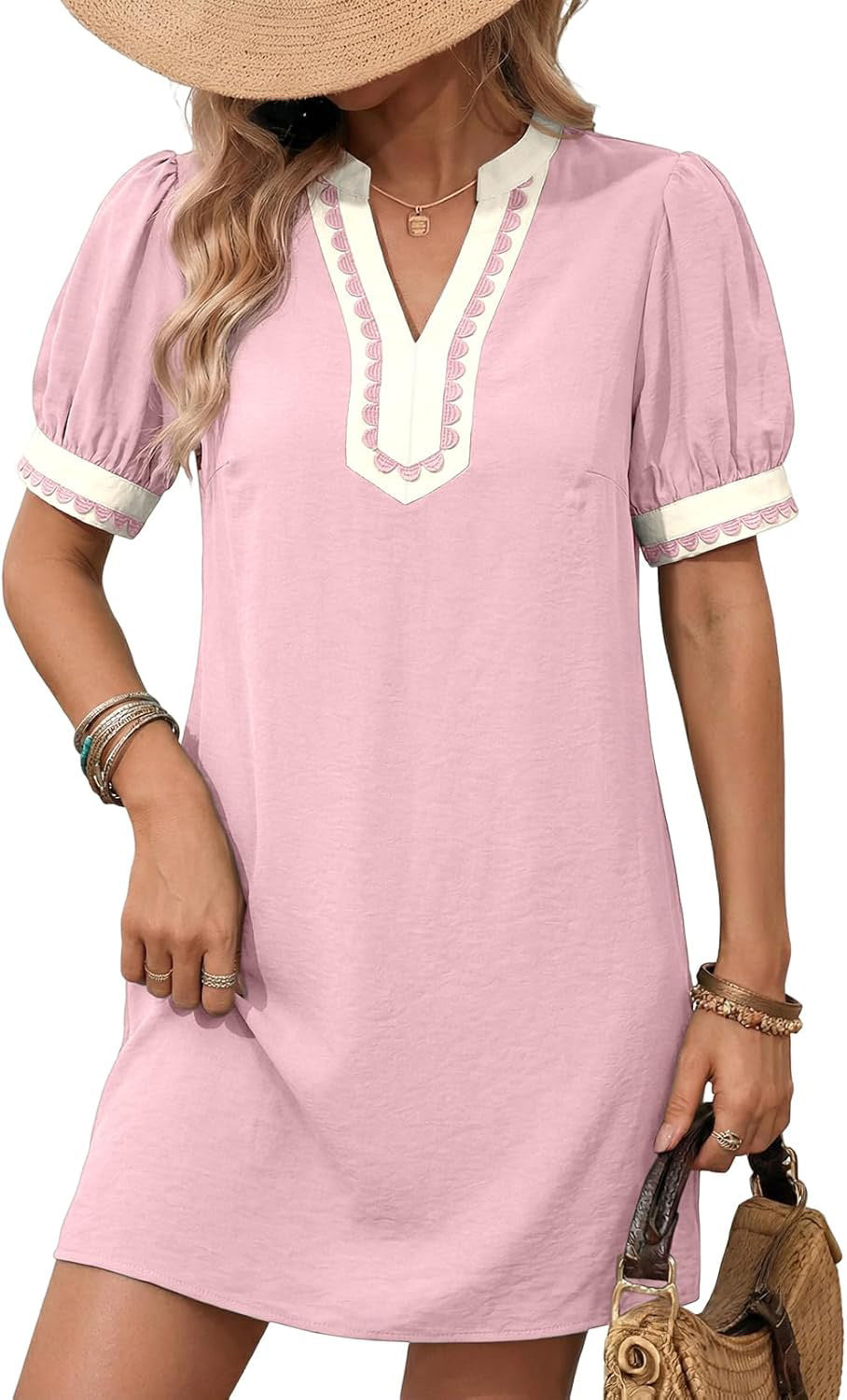 Damen Lockeres A-Linien Minikleid mit Puffärmeln, V‑Notch und kontrastierter Zierborte Drune