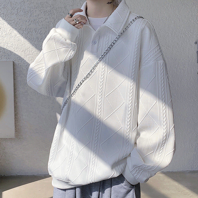Herren Oversize-Polo-Strickpullover mit Rauten- und Zopfstruktur Drune