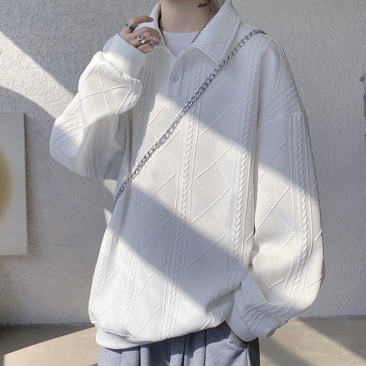 Herren Oversize-Polo-Strickpullover mit Rauten- und Zopfstruktur Drune