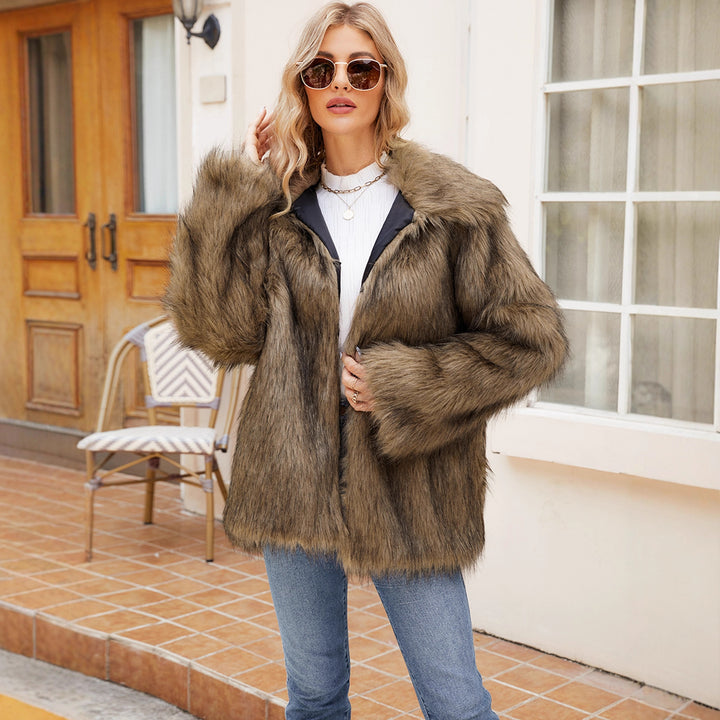 Damen Flauschige Kunstpelzjacke mit Umlegekragen und lockerer Passform Drune
