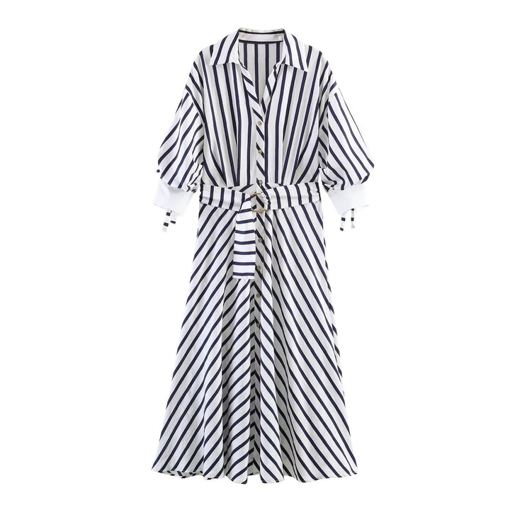 Damen Midi-Hemdblusenkleid mit diagonalen Streifen, tailliertem Bindegürtel und Ballonärmeln Drune
