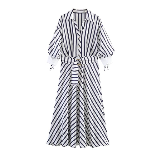 Damen Midi-Hemdblusenkleid mit diagonalen Streifen, tailliertem Bindegürtel und Ballonärmeln Drune