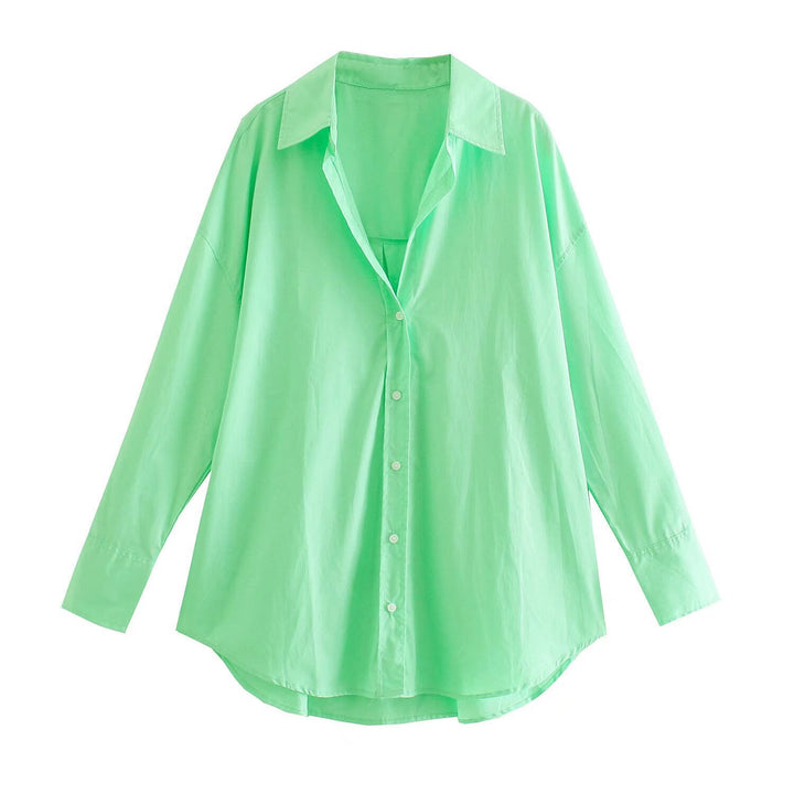 Damen nan oversized Longbluse mit Kentkragen, durchgehender Knopfleiste und abgerundetem Saum Drune