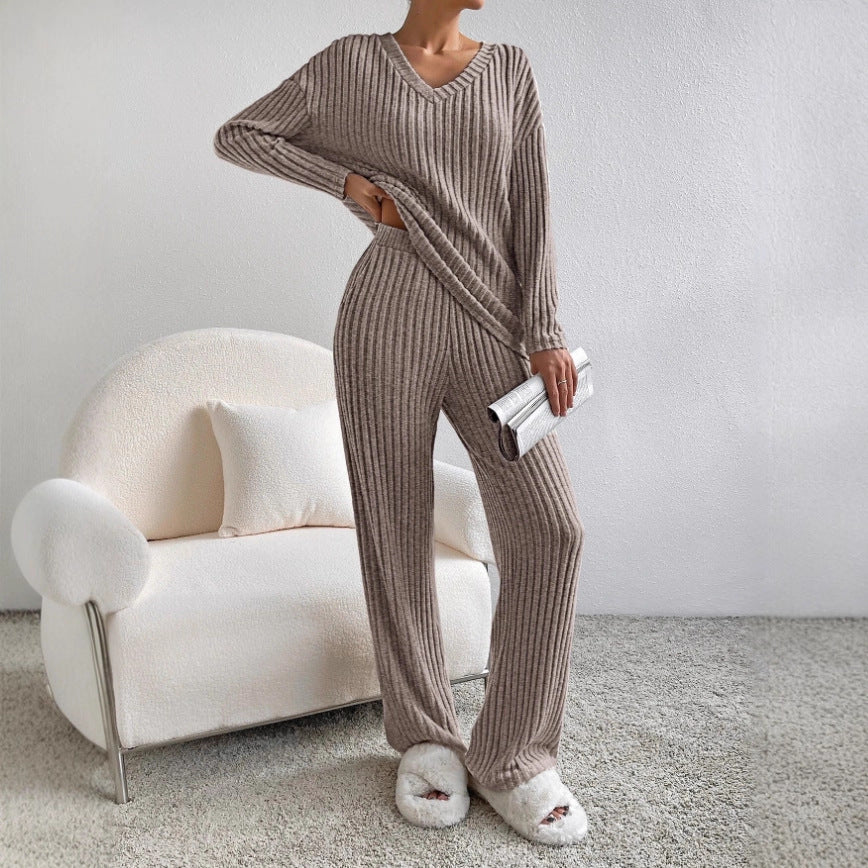 Frauen Rippstrick Lounge Set aus weichem Strick mit V-Ausschnitt und weitem Bein Drune