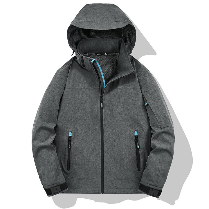 Herren Wetterresistente Softshell-Outdoorjacke mit Kapuze, hohem Kragen und verschweißten Nähten Drune
