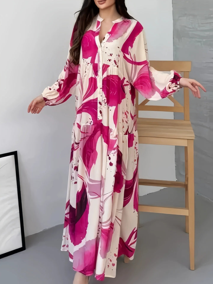Damen Fließendes Stufenkleid mit Stehkragen, Ballonärmeln und Knopfleiste Drune