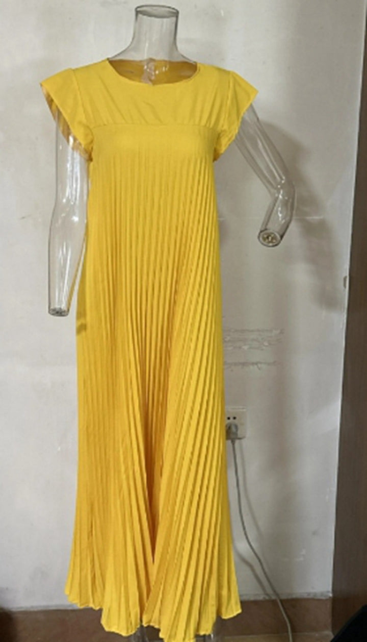 Damen nan fließendes plissiertes Maxikleid mit überschnittenen Schultern und Eingrifftaschen Drune