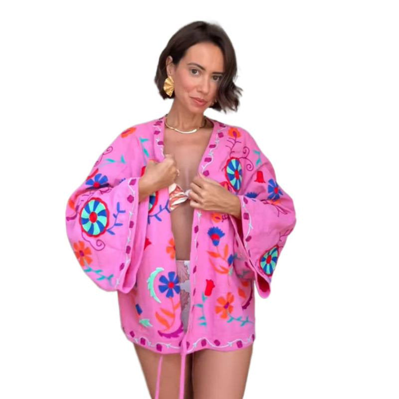 Damen Bestickter Kurzkimono mit überweiten Ärmeln und farbenfroher Boho-Stickerei Drune
