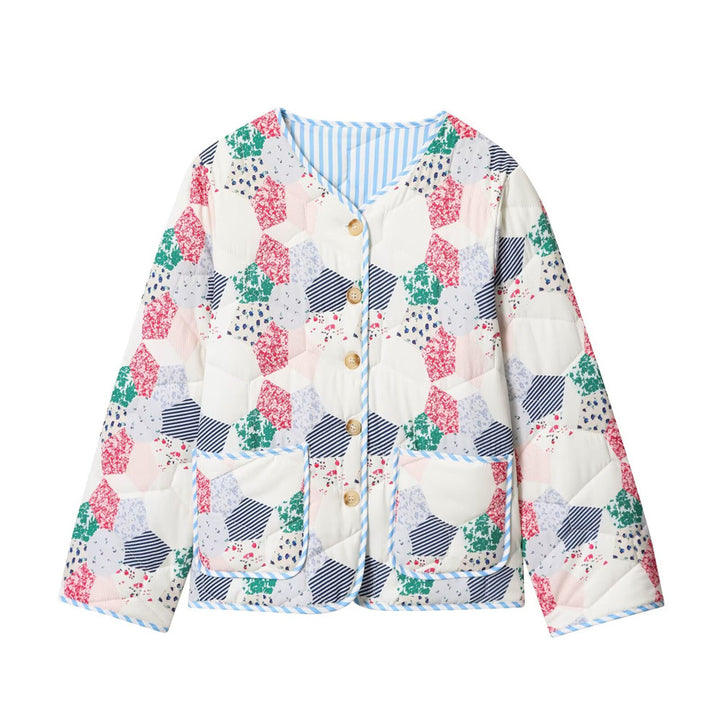 Damen Gesteppte Kurzjacke im Patchwork-Quilt-Look mit Knopfleiste und aufgesetzten Taschen Drune