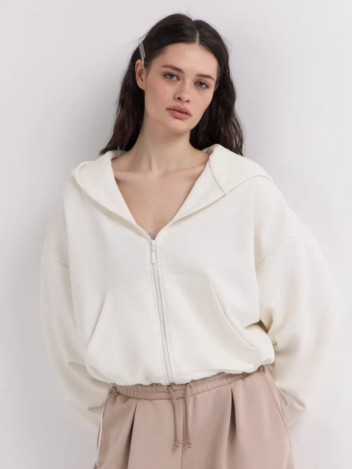 Damen legeres Cropped-Fleece-Hoodie mit Tunnelzugbund, Raglanärmeln und Reißverschluss Drune