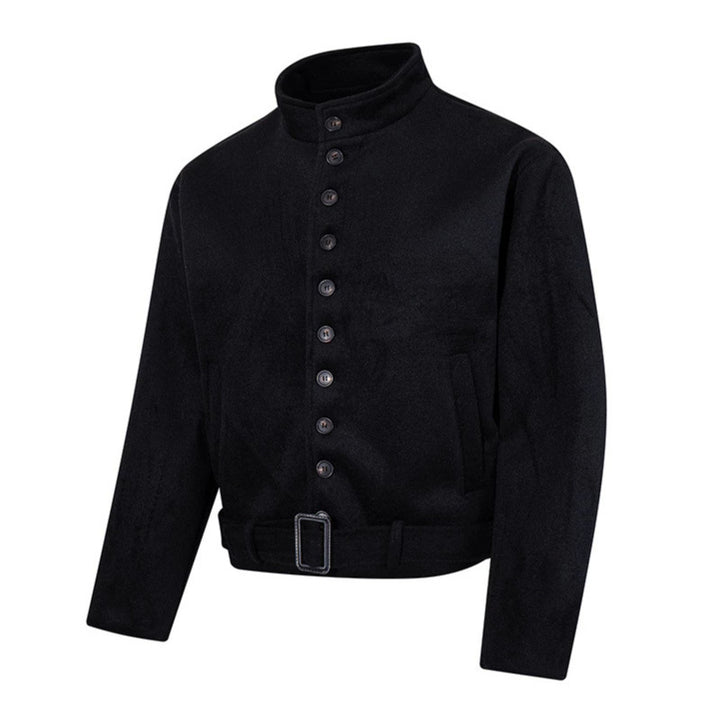 Herren Kurze Wollmix‑Jacke mit Stehkragen, durchgehender Knopfleiste und Taillengürtel Drune