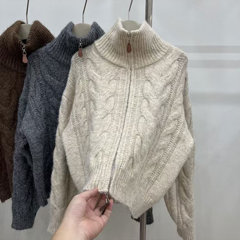 Damen Grobstrickpullover mit hohem Kragen und dekorativem Reißverschluss Drune