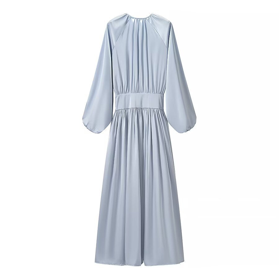 Damen Midaxi-Kleid aus Satinoptik mit geraffter Taillenblende und voluminösen Ballonärmeln Drune