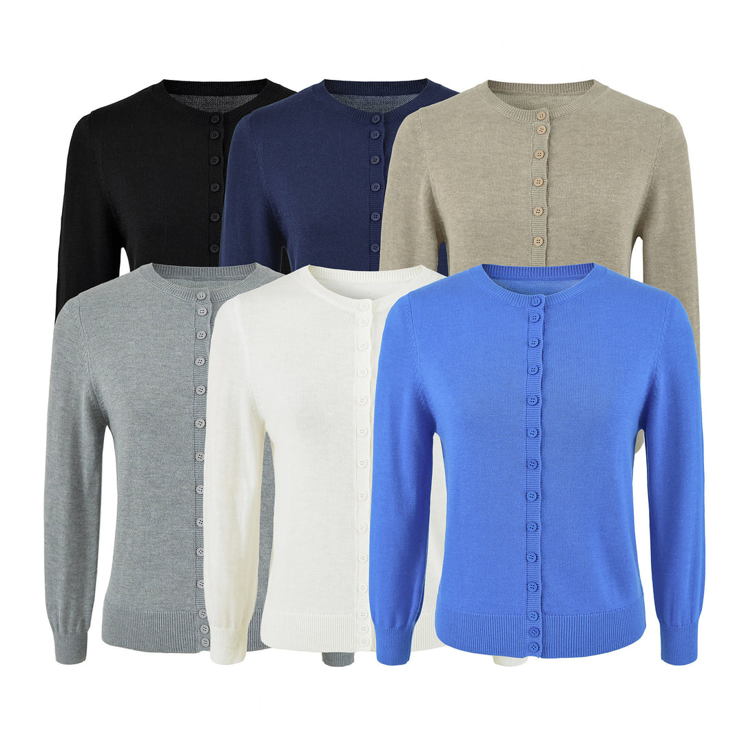 Damen Fein gestrickte Rundhals-Strickjacke mit Knopfleiste und Rippbündchen Drune