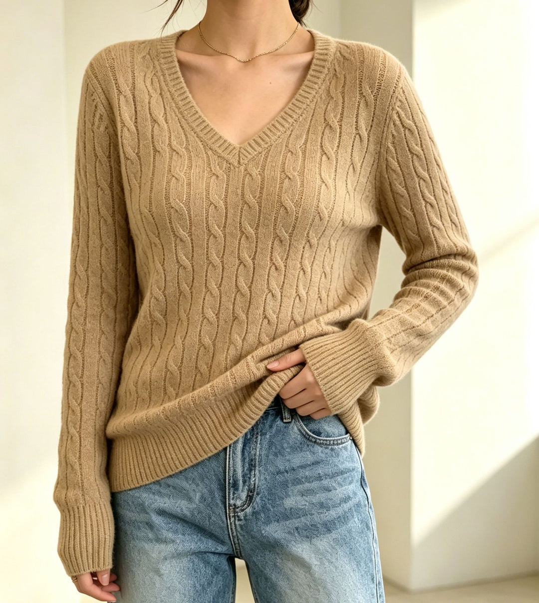 Damen Kabelstrickpullover mit V-Ausschnitt, feiner Struktur und taillierter Passform Drune