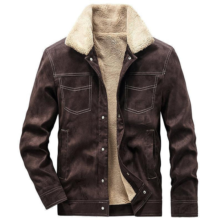 Herren Wildleder‑Optik Truckerjacke mit Teddyfutter und Druckknopfverschluss Drune