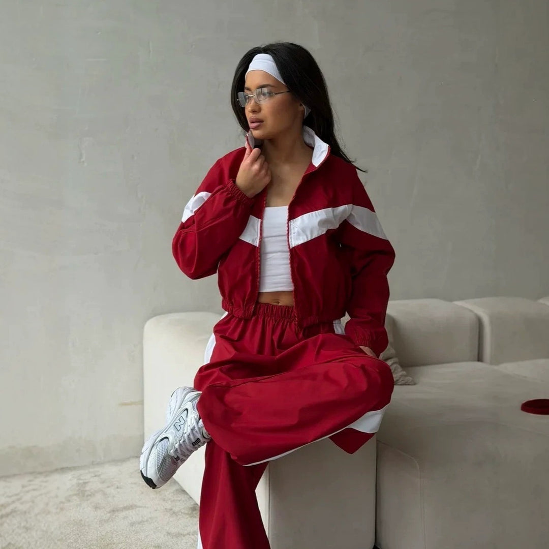 Damen Zweiteiliges Track-Set mit Cropped-Windjacke und weitem Jogger Drune