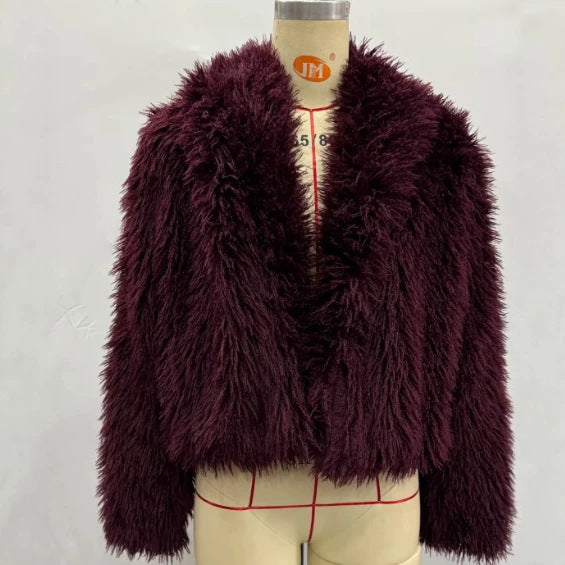 Damen Cropped Kunstfelljacke mit voluminösem Schalkragen und kurzer Silhouette Drune