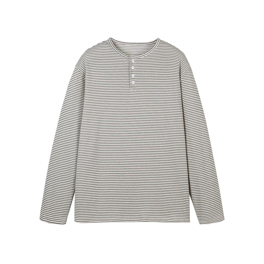 Unisex Gestreiftes Henley-Langarmshirt mit Knopfleiste und Oversize-Schnitt Drune