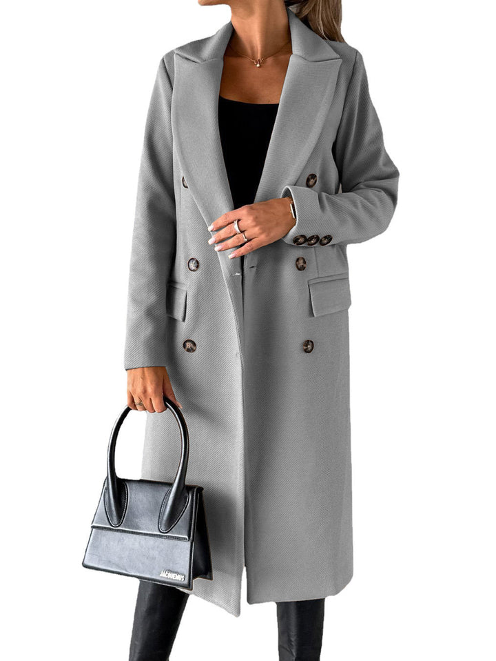 Damen nan klassischer langer Doppelreiher Mantel mit Reverskragen und Pattentaschen Drune