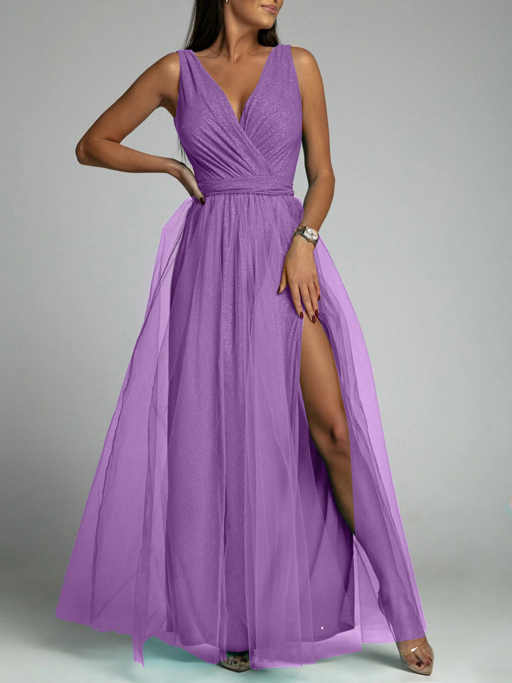 Damen Maxiabendkleid mit verführerischem Schlitz und funkelndem Obermaterial Drune