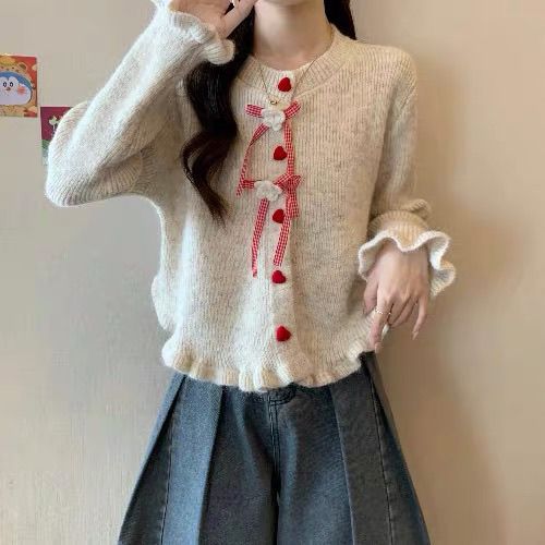 Damen Strickjacke mit dekorativen Blumenmotiven Drune