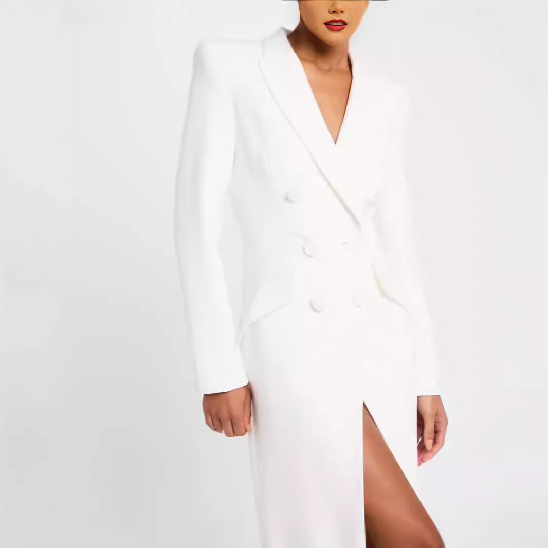 Damen Blazerkleid Maxikleid mit Doppelreiher, taillierter Silhouette und hohem Frontschlitz Drune