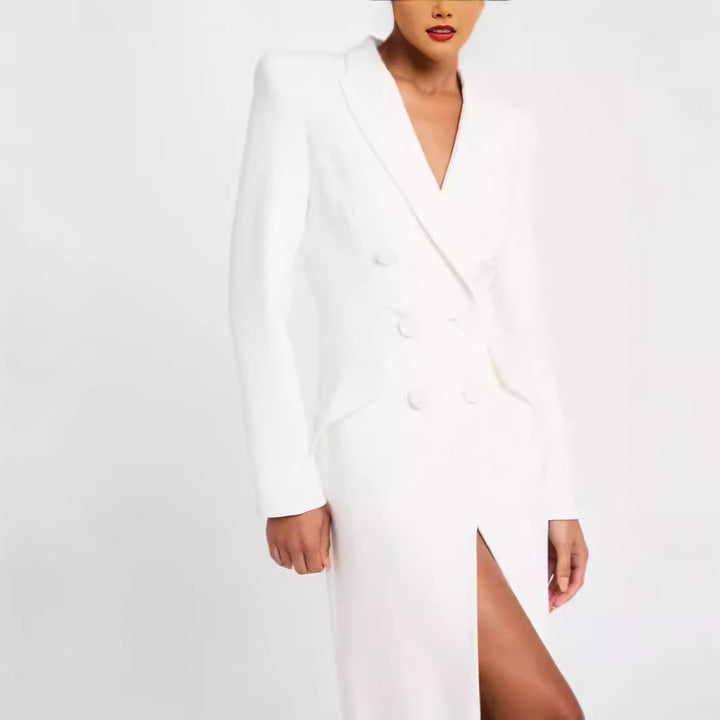 Damen Blazerkleid Maxikleid mit Doppelreiher, taillierter Silhouette und hohem Frontschlitz Drune