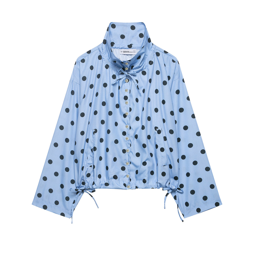 Damen Leichte Bluse im Polka‑Dot‑Design mit Stehkragen, Tunnelzugsaum und Knopfleiste Drune