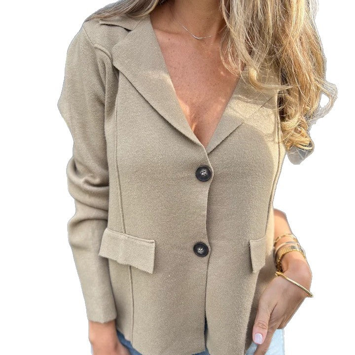 Damen Elegante Strickjacke mit Reverskragen und Taschen Drune