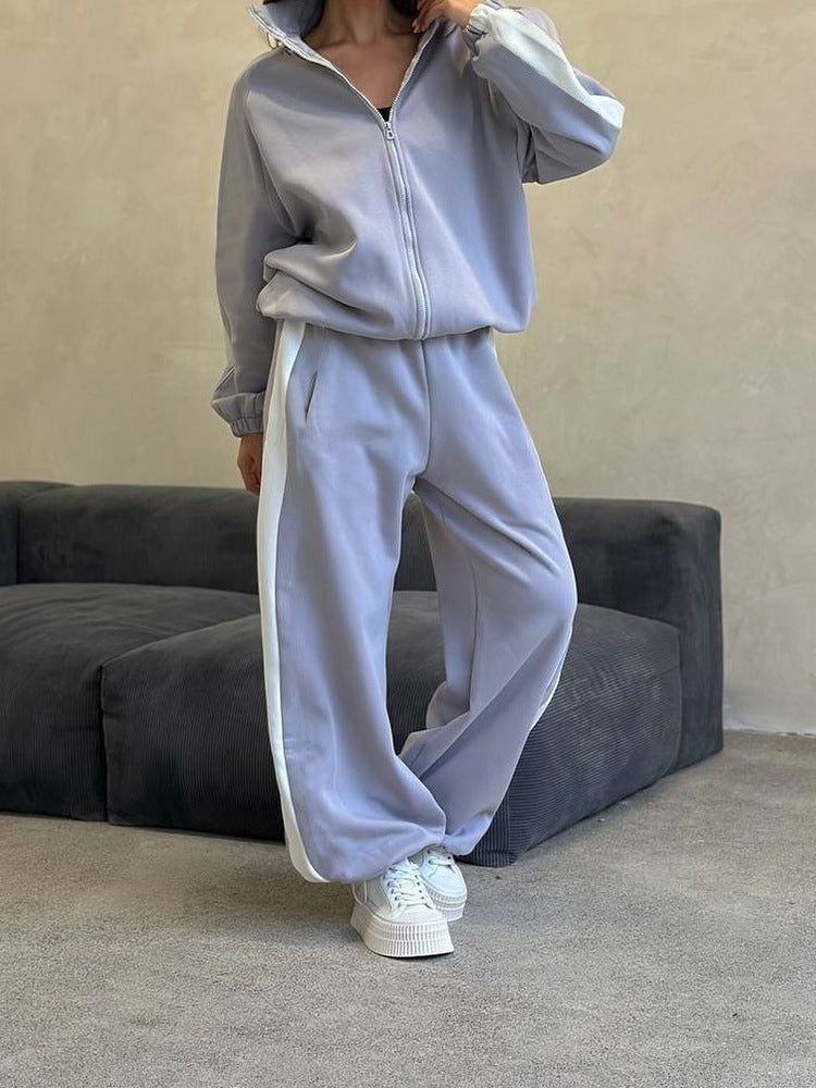 Damen weites Zip-Sweatset mit Kapuze, hohen Bund und seitlichem Kontraststreifen Drune