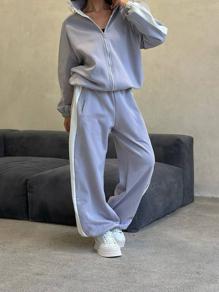 Damen weites Zip-Sweatset mit Kapuze, hohen Bund und seitlichem Kontraststreifen Drune