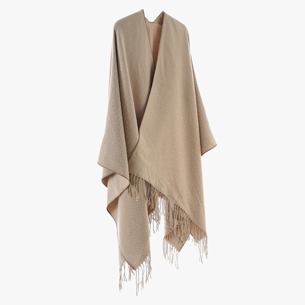 Damen Fransen‑Capeponcho im Oversize‑Fall mit dezentem Pünktchen‑Glanz Drune