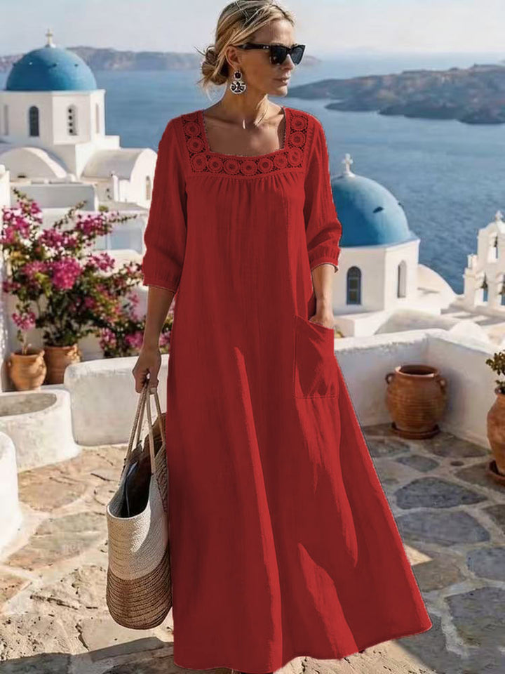 Damen Maxikleid mit gehäkeltem Quadrat-Ausschnitt, dreiviertel Ärmeln und Eingrifftasche Drune