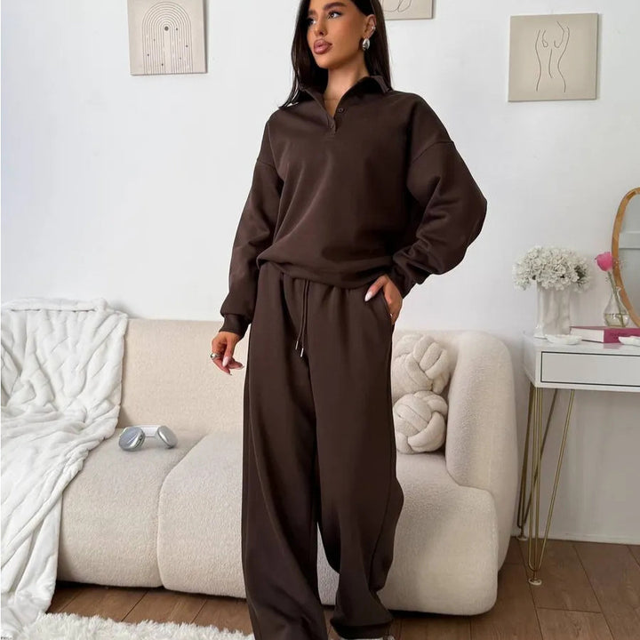 Damen weites Polo-Lounge-Set mit elastischem Tunnelzugbund und Wide‑Leg-Jogginghose Drune