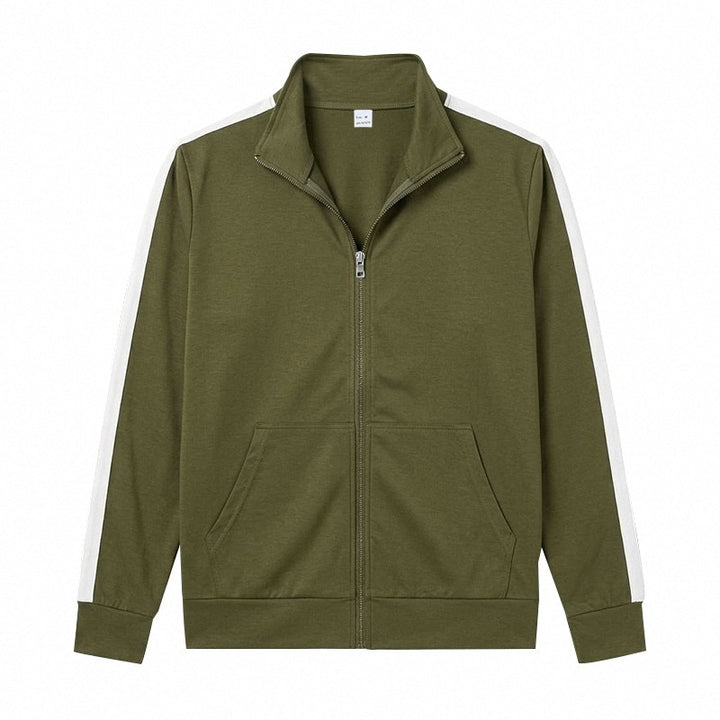 Herren Retro Trackjacke mit Stehkragen, Kontraststreifen und Kängurutasche Drune