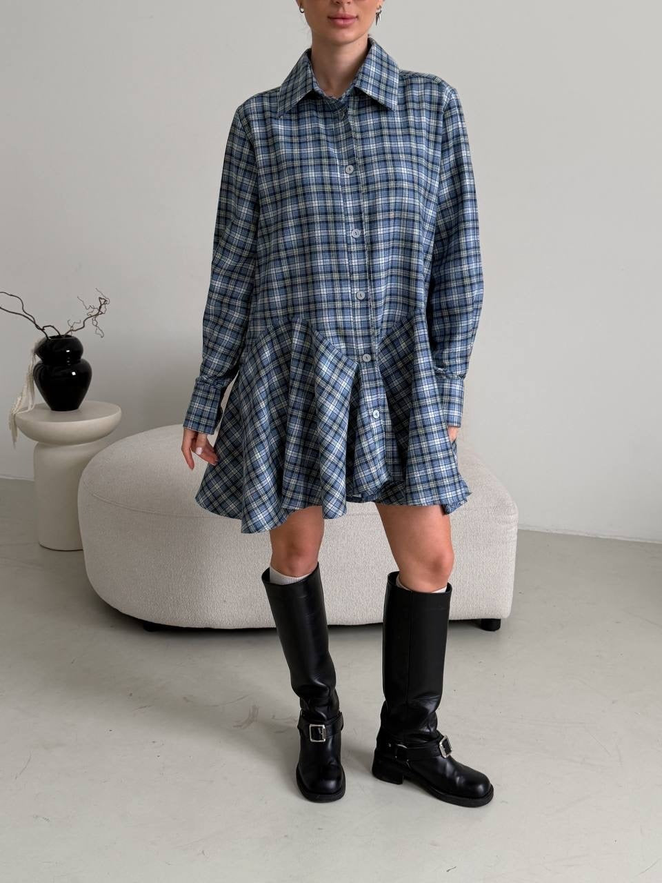 Damen Kariertes Hemdblusen-Minikleid mit ausgestellter Volant-Taille Drune