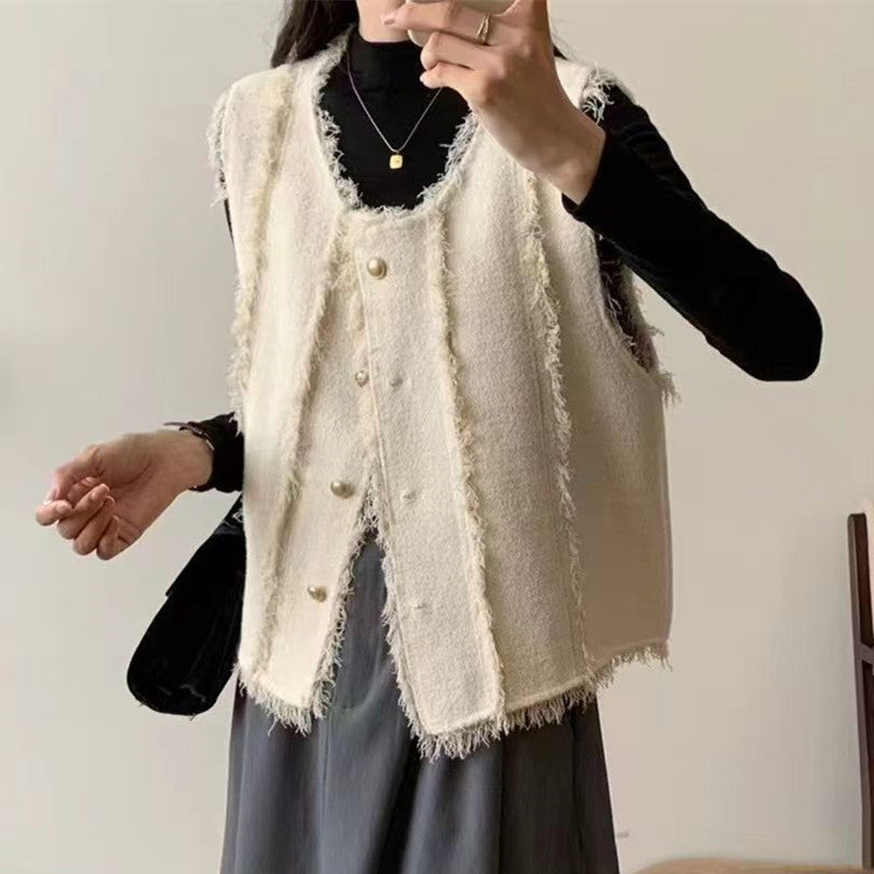 Damen Stufenlose Strickweste mit eleganten Knopfdetails und fransigen Abschlüssen Drune