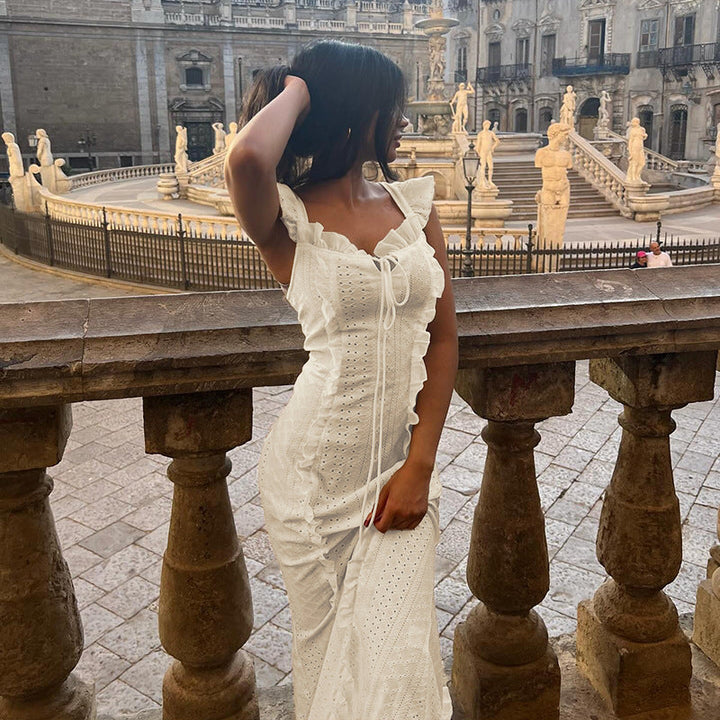 Damen schulterfreies Maxikleid mit Rüschendetails und taillierter Silhouette Drune