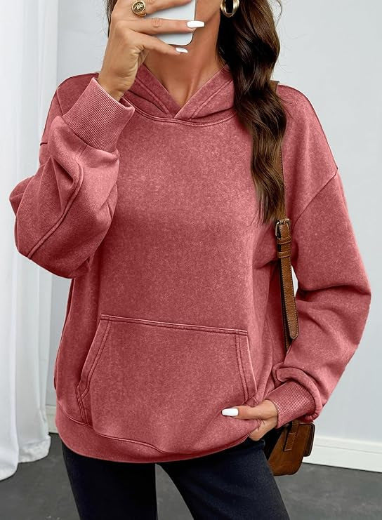 Damen Oversize-Kapuzenpullover mit Kängurutasche, washed-Finish und gerippten Bündchen Drune