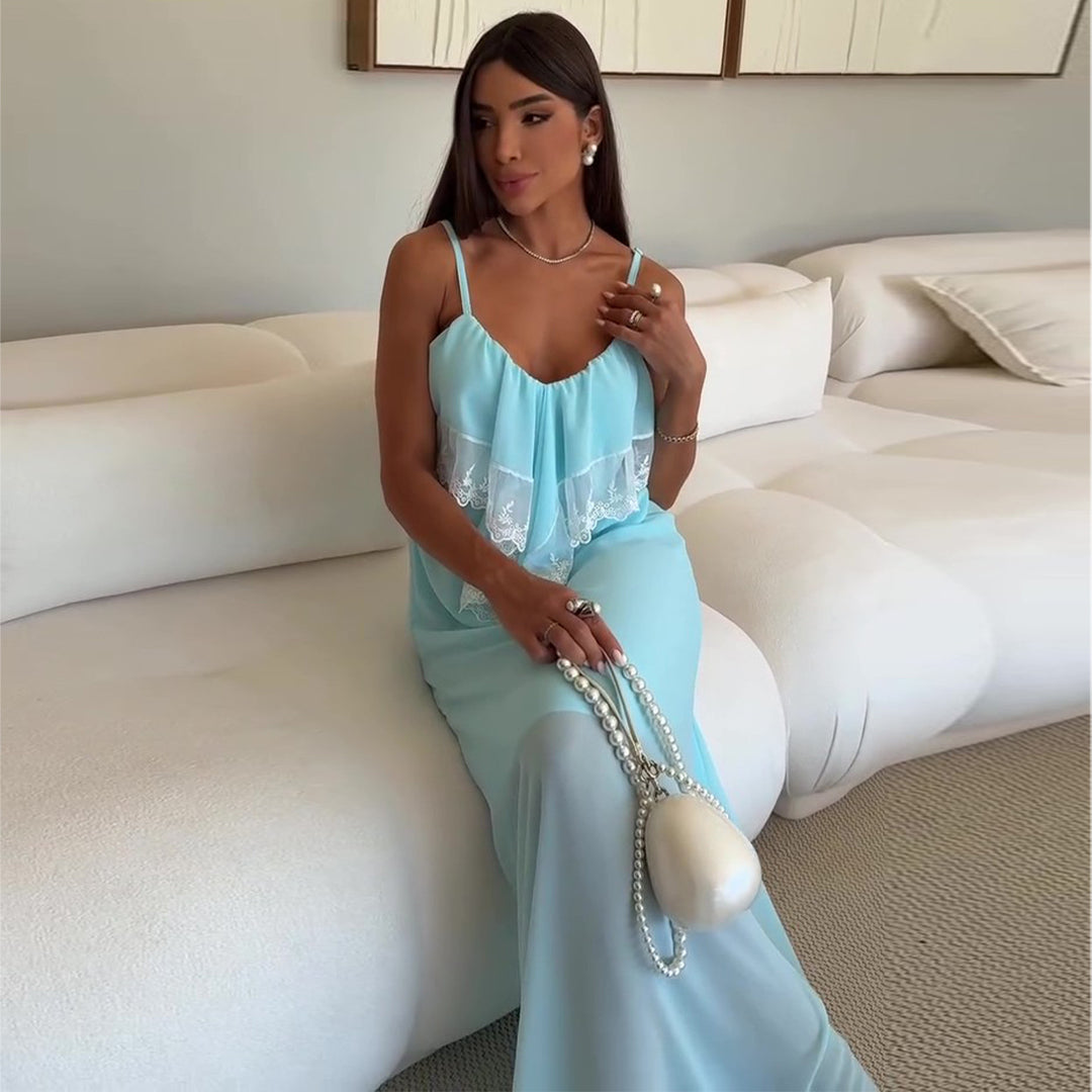 Damen Maxi-Nachtkleid mit zartem Spitzenbesatz und feinen Trägern Drune