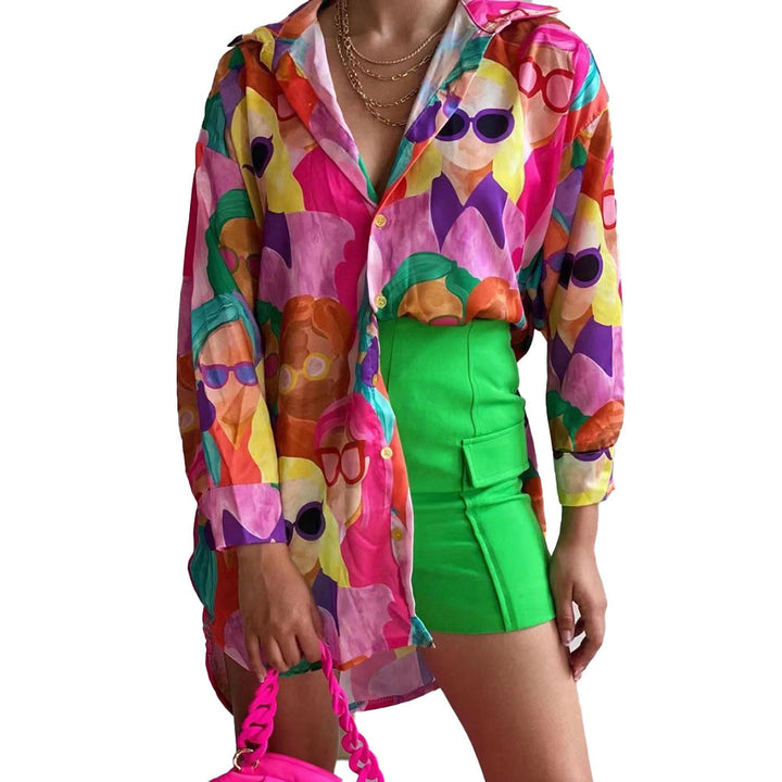 Damen Oversized Bluse mit buntem Grafikdruck Drune
