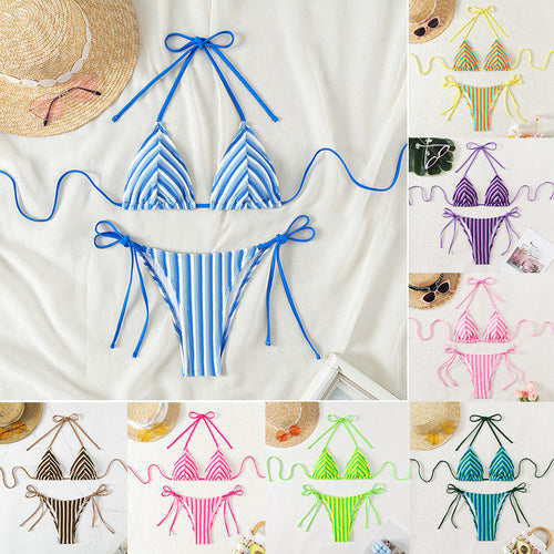 Damen Triangel-Bikini mit raffinierten Streifen und verspielten Schleifen Drune