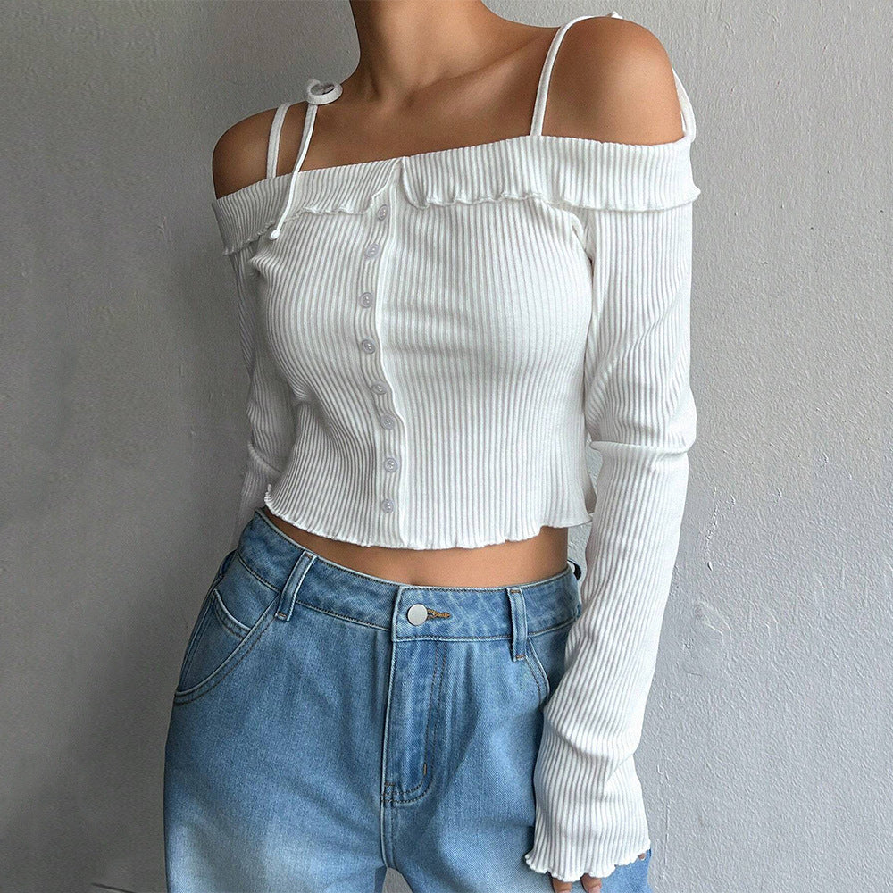 Damen geripptes schulterfreies Langarm-Cropped-Top mit Knopfleiste und Rüschensaum Drune