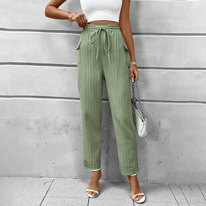 Damen Leichte High‑Waist-Hose mit Gummibund, Kordelzug und aufgesetzten Taschen Drune