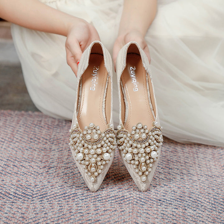 Drune | Elegante Braut Ballerinas mit Spitze und Kunstperlen