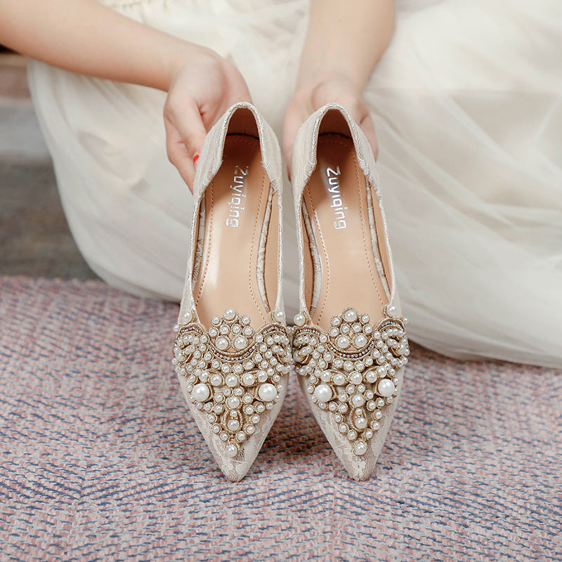 Drune | Elegante Braut Ballerinas mit Spitze und Kunstperlen