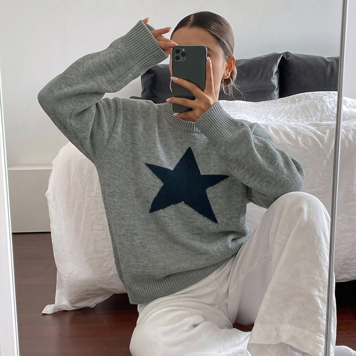 Damen Relaxed-Strickpullover mit Stern-Intarsie, Rundhalsausschnitt & lässigem Sitz Drune