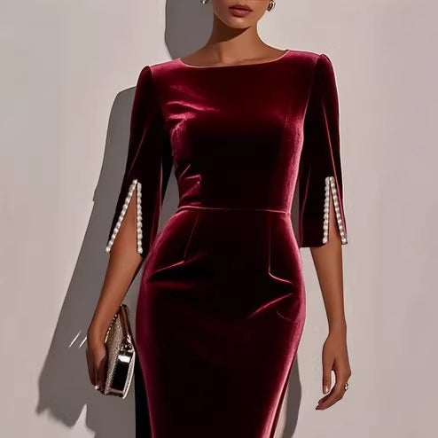Damen elegantes figurbetontes Samtkleid mit Perlendetails Drune